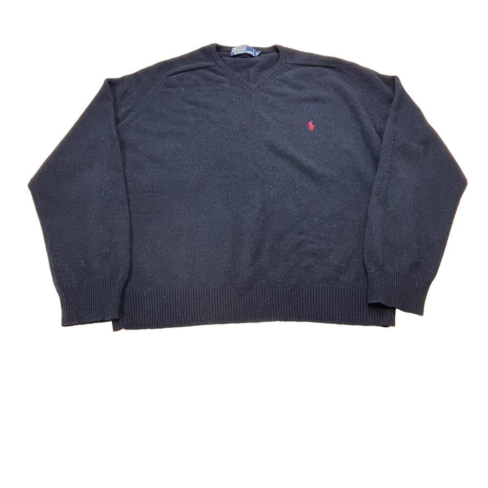 Polo By Ralph Lauren Sweater Mens 2XL Lambswool V Neck Knit Pullover Black